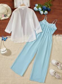 SHEIN Tween Girl Open Front Blouse & Wide Leg Cami Jumpsuit - Blue and White - View 2