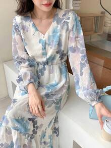 DAZY In hoa Tay áo lồng đèn Nút phía trước Đầm - Nhiều màu - Xem 5