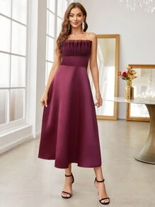 SHEIN Belle 勃艮第红色纯色褶饰胸围抹胸鸡尾酒会礼服婚礼宾客礼服，半正式礼服 - 酒紅色 - 查看 1