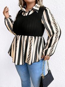 SHEIN LUNE Hơn Sọc & In Dây chuyền Tay áo lồng đèn Xoay eo 2 trong 1 hàng đầu - Nhiều màu - Xem 3