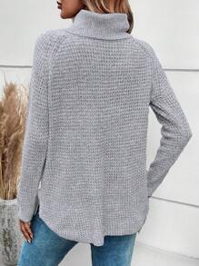 SHEIN Unity Áo len cổ cao tay raglan vạt cong dệt kim mùa thu đông - Màu Xám nhạt - Xem 2