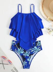 Swim Lushoire 夏日海灘熱帶印花三角褲式坦克泳衣 - 寶藍色 - 查看 4