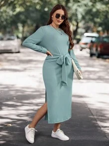 SHEIN LUNE Plus Solid Split Thigh Belted Dress - Green - View 1