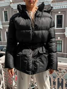 EURMUSE Flap Pocket Hooded Puffer Coat - Black - View 6