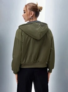 SHEIN Unity Zip Up Drawstring Hooded 2 In 1 Crop Padded Padded Coat Clothes Winter Fall Cloth For Women - Army Green - View 6