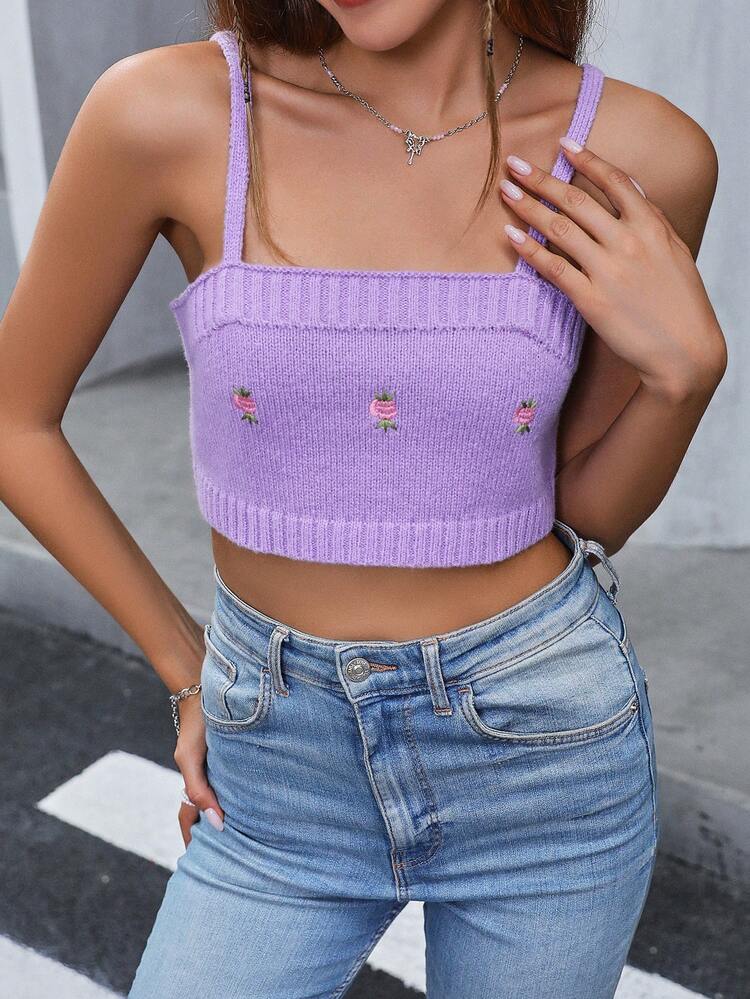Floral Embroidery Drop Shoulder Cardigan & Cami Knit Top