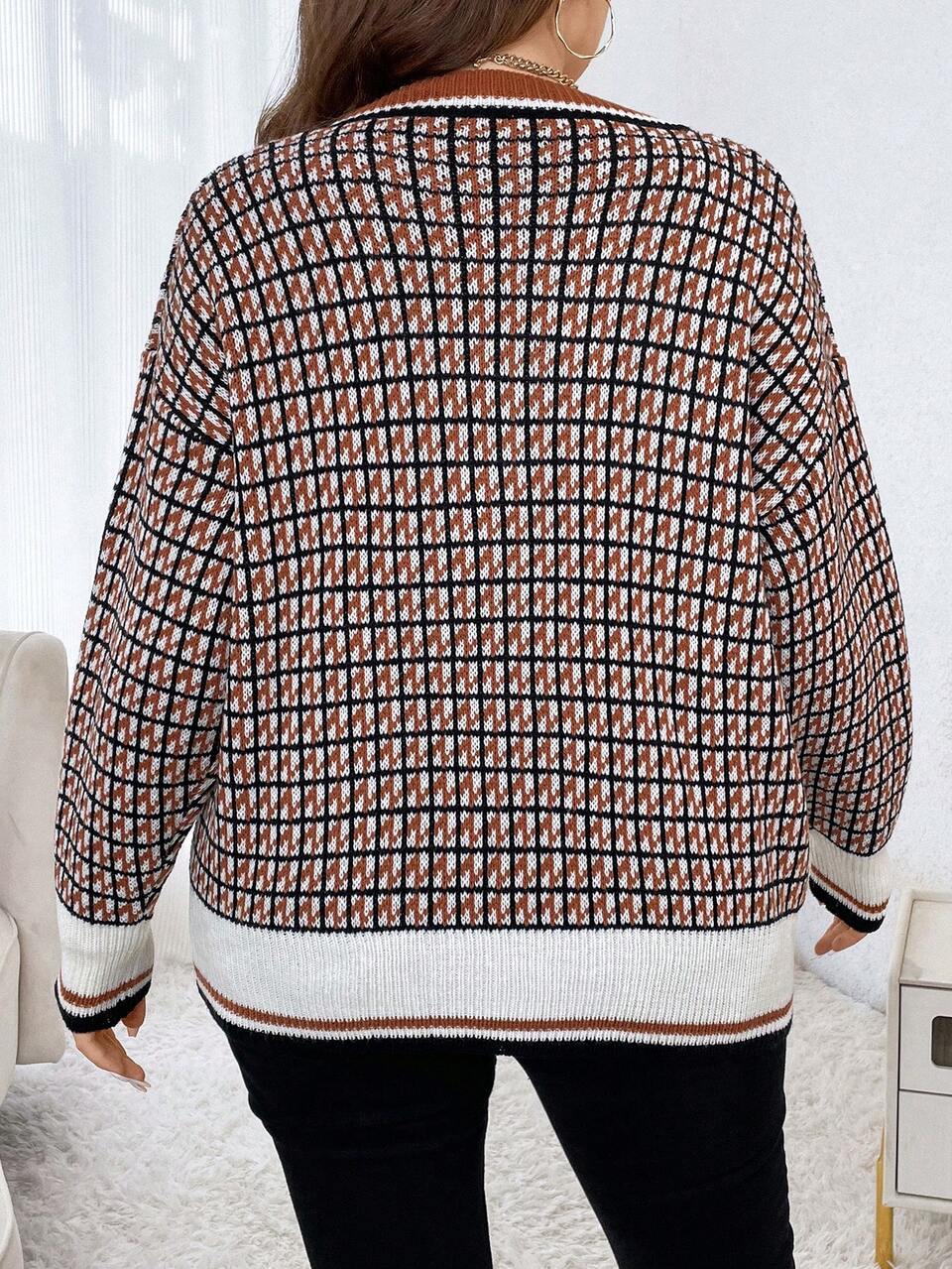 Plus Size Houndstooth Pattern Cardigan Fall Winter Cloth For Women Autumn