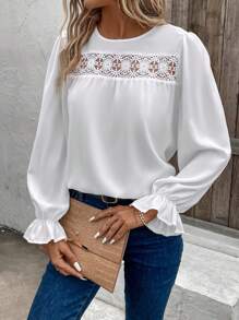 SHEIN Unity 水溶蕾絲拼接喇叭袖襯衫 - 白色 - 查看 1