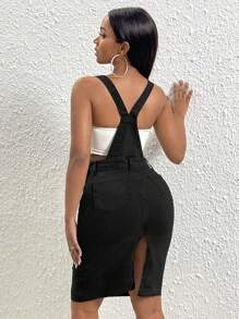 SHEIN SXY 翻蓋口袋牛仔背帶裙不附抹胸 - 黑色 - 查看 2