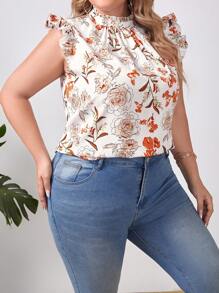 SHEIN VCAY Plus Floral Print Ruffle Trim Mock Neck Summer Boho Blouse - White - View 5