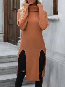 SHEIN LUNE Áo len cổ cao xẻ đùi, vai rớt, chất liệu dệt kim, thích hợp cho mùa thu đông. - Màu Khaki - Xem 6