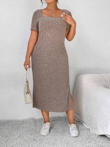 SHEIN Frenchy Plus Square Neck Split Thigh Ribbed Knit Dress - Khaki - View 3