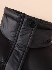 Tween Girl Letter Patched Funnel Neck Padded Coat - Black - View 5