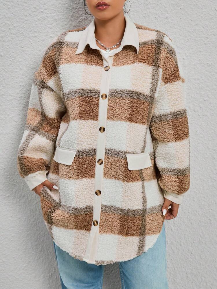 Plus Plaid Print Drop Shoulder Teddy Coat