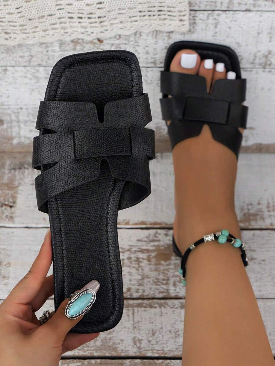 女用休閒平底拖鞋夏季露趾編織款式理想作為沙灘拖鞋，適合度假或海灘散步，時尚可搭配裙子打造時尚外觀，透氣舒適，適合夏季和秋季 - 黑色 - 查看 1