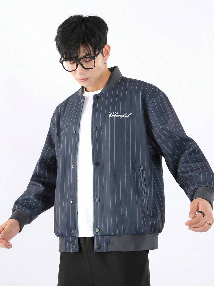 Loose Fit Men's Letter Printed Striped Print Bomber Jacket