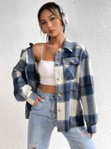 SHEIN Unity Plaid Print Drop Shoulder Flap Pocket Shirt,Long Sleeve Tops Fall Cloth For Women - Navy Blue - View 5