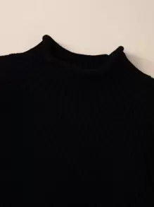 Baby Girl Mock Neck Raglan Sleeve Ribbed Knit Sweater - Black - View 3