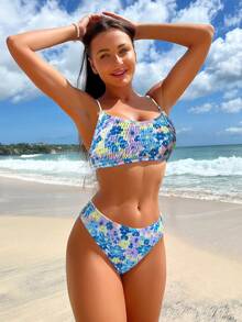 Floral Print Smocked Bikini Set - Multicolor - View 8