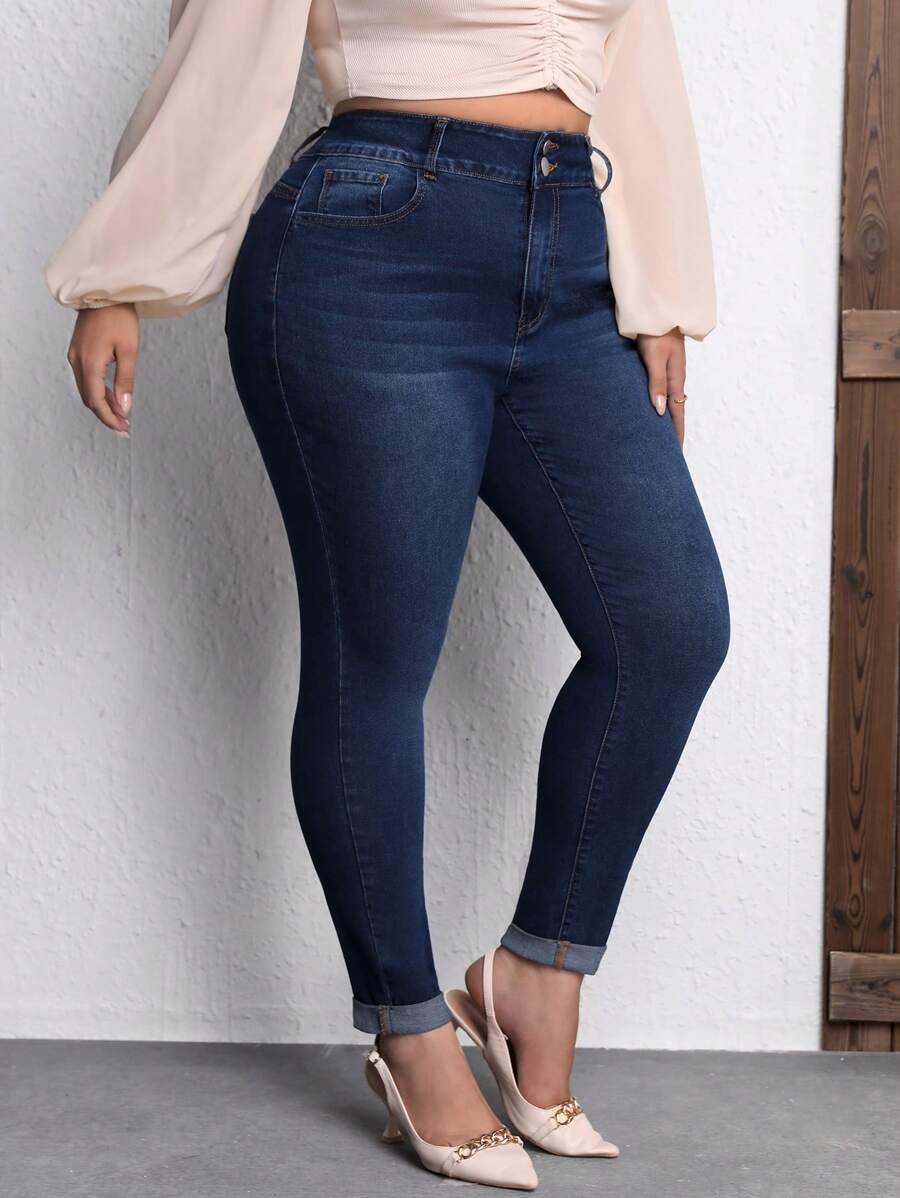 SHEIN Essnce 鈕扣 口袋 拉鍊純色大碼牛仔褲 - 藍色 - 查看 1