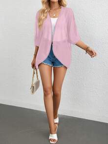 SHEIN Essnce Chất rắn Mở Mặt trước tay cánh áo - Bụi hồng - Xem 3