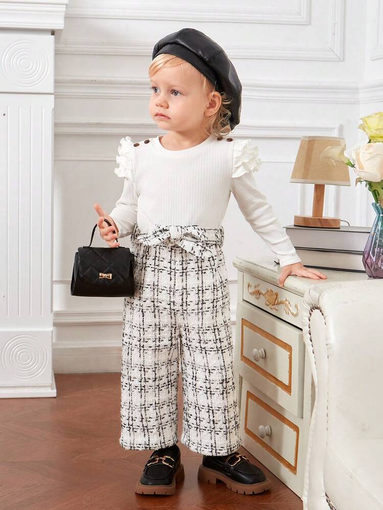 Baby Girl Plaid Print Ruffle Trim Belted Jumpsuit