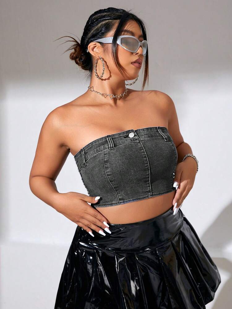 Plus Button Detail Tube Denim Top
