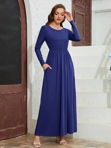 DEARCASE 素色隱藏口袋A字連衣裙 - 寶藍色 - 查看 4