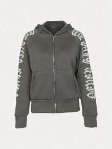 Inwoman 纯色时尚宽松街头休闲泡沫字母印花拉链长袖连帽衫女 - 灰色 - 查看 3