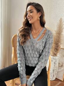 SHEIN LUNE Cắt ra Thả vai Áo len - Xám - Xem 6