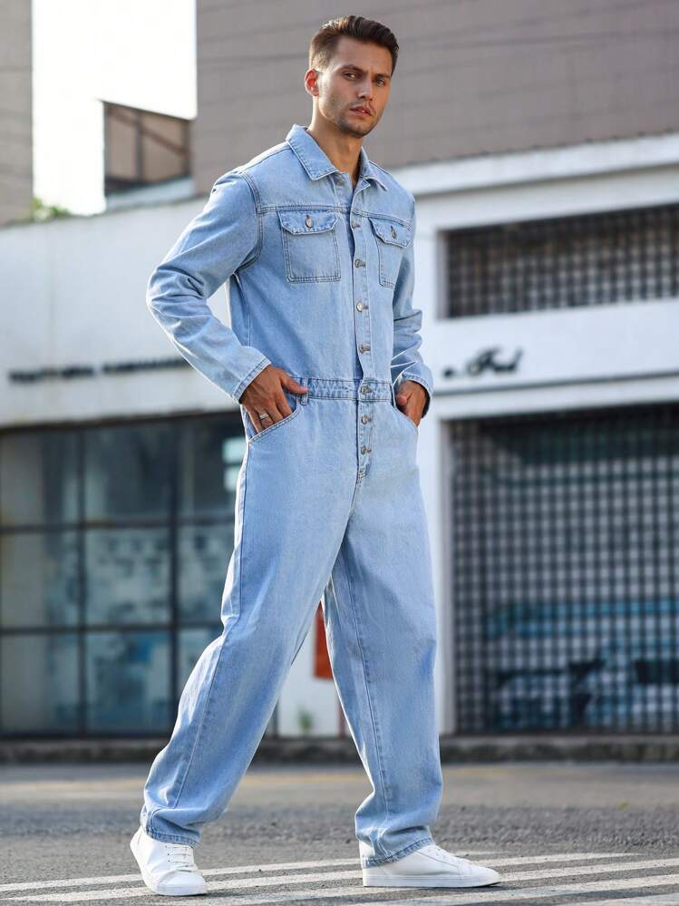 Manfinity Homme Loose Men's Flap Pocket Denim Jumpsuit | SHEIN USA