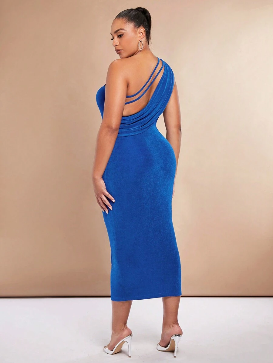 SHEIN BAE Plus One Shoulder Backless Bodycon Dress - Blue - View 1