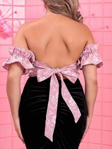 Celure Plus Floral Print Off Shoulder Ruffle Trim Crop Blouse With 1 Pair Detachable Sleeves - Pink - View 2