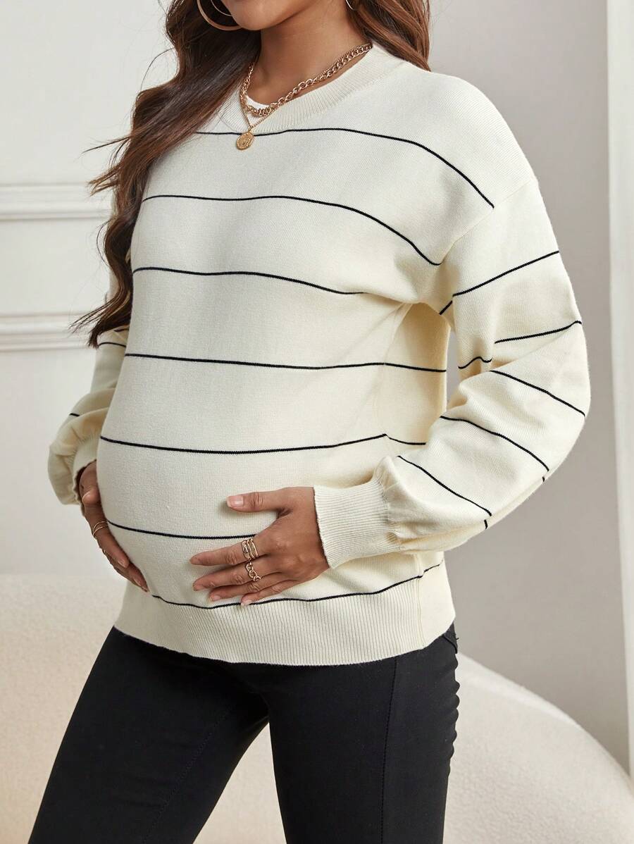 SHEIN 孕妇条纹落肩毛衣，适合冬季 - 米色 - 查看 1