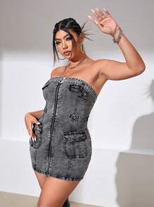 SHEIN ICON Hơn Dây kéo Vá Túi Váy denim ống - màu đen - Xem 6