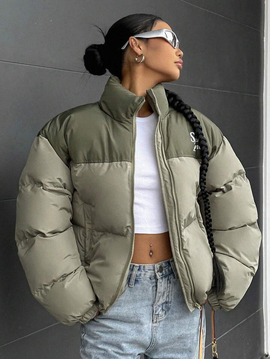 DAZY Women Short Thick Padded Coat, Winter Coat Jacket - Green - View 1