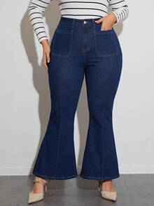 SHEIN LUNE Plus Patch Pocket Flare Leg Jeans - Blue - View 4
