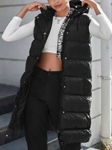 EURMUSE Zip Up Hooded Puffer Vest Coat - Black - View 3
