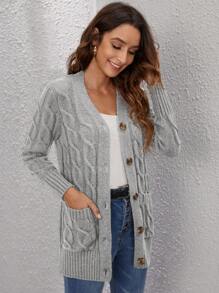 SHEIN LUNE Cable Knit Button Front Cardigan In Fall/Winter - Light Grey - View 5