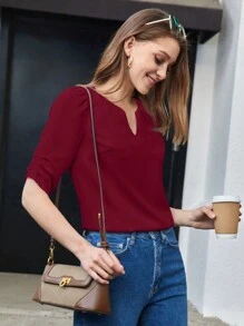 BizChic Blusa corta a maniche corte plissettata, colletto a risvolto, in colore rosso tinta unita, per donna, casual
