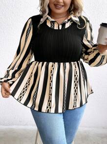 SHEIN LUNE Hơn Sọc & In Dây chuyền Tay áo lồng đèn Xoay eo 2 trong 1 hàng đầu - Nhiều màu - Xem 4