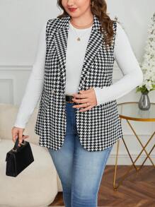 SHEIN Privé Plus Houndstooth Print Double Breasted Vest Blazer - Black - View 4