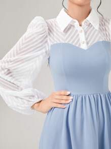 Modelyn Colorblock Long Lantern Sleeve 2 In 1 Modest Dress - Blue and White - View 6