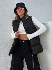 EURMUSE 拉鏈開襟羽絨背心大衣 - 黑色 - 查看 1