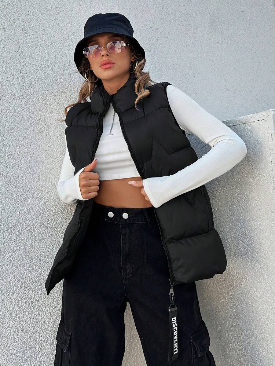 EURMUSE 拉鏈開襟羽絨背心大衣 - 黑色 - 查看 1