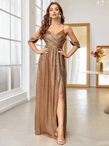 SHEIN Belle Đầm suông xẻ đùi lạnh vai - Rượu sâm banh - Xem 1