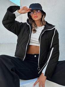 EURMUSE Contrast Binding Zip Up Quilted Coat - Black - View 1