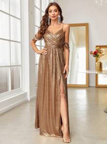 SHEIN Belle Đầm suông xẻ đùi lạnh vai - Rượu sâm banh - Xem 5