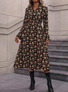 SHEIN LUNE 滿版印花喇叭袖繫帶領洋裝不附腰帶 - 黑色 - 查看 6