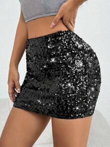 SHEIN PETITE Sequin Bodycon Skirt - Black - View 1